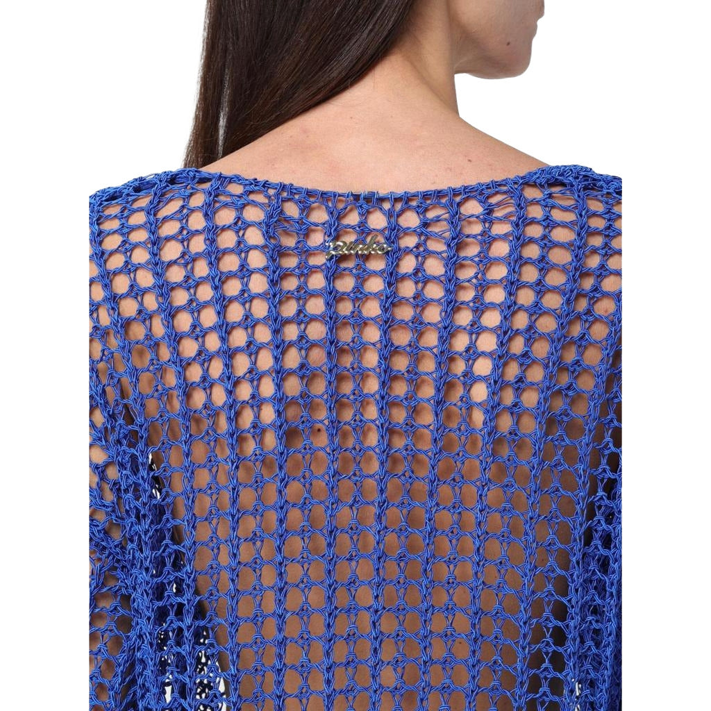 Pinko – blue mesh top – close-up of open-knit back and small logo