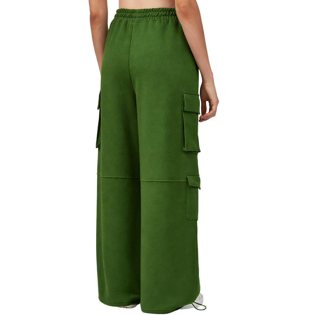 Patrizia Pepe – green cargo trousers with wide legs – back view showing elastic waistband and pockets