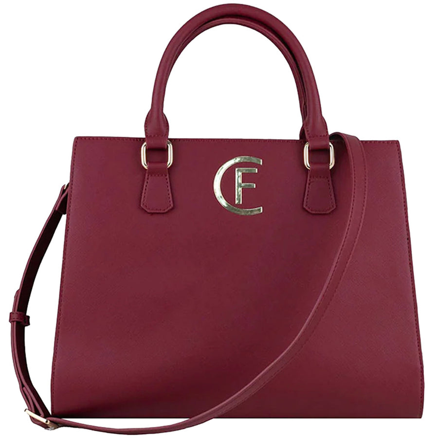 Cristina Effe – Megan Shoulder Bag in Bordeaux – front view with shoulder strap and logo