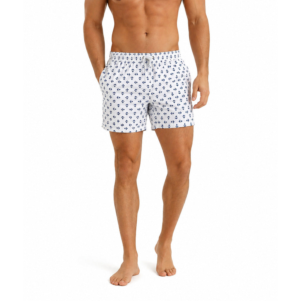 Yes Zee – white anchor-print polyester Bermuda shorts – front view worn by model