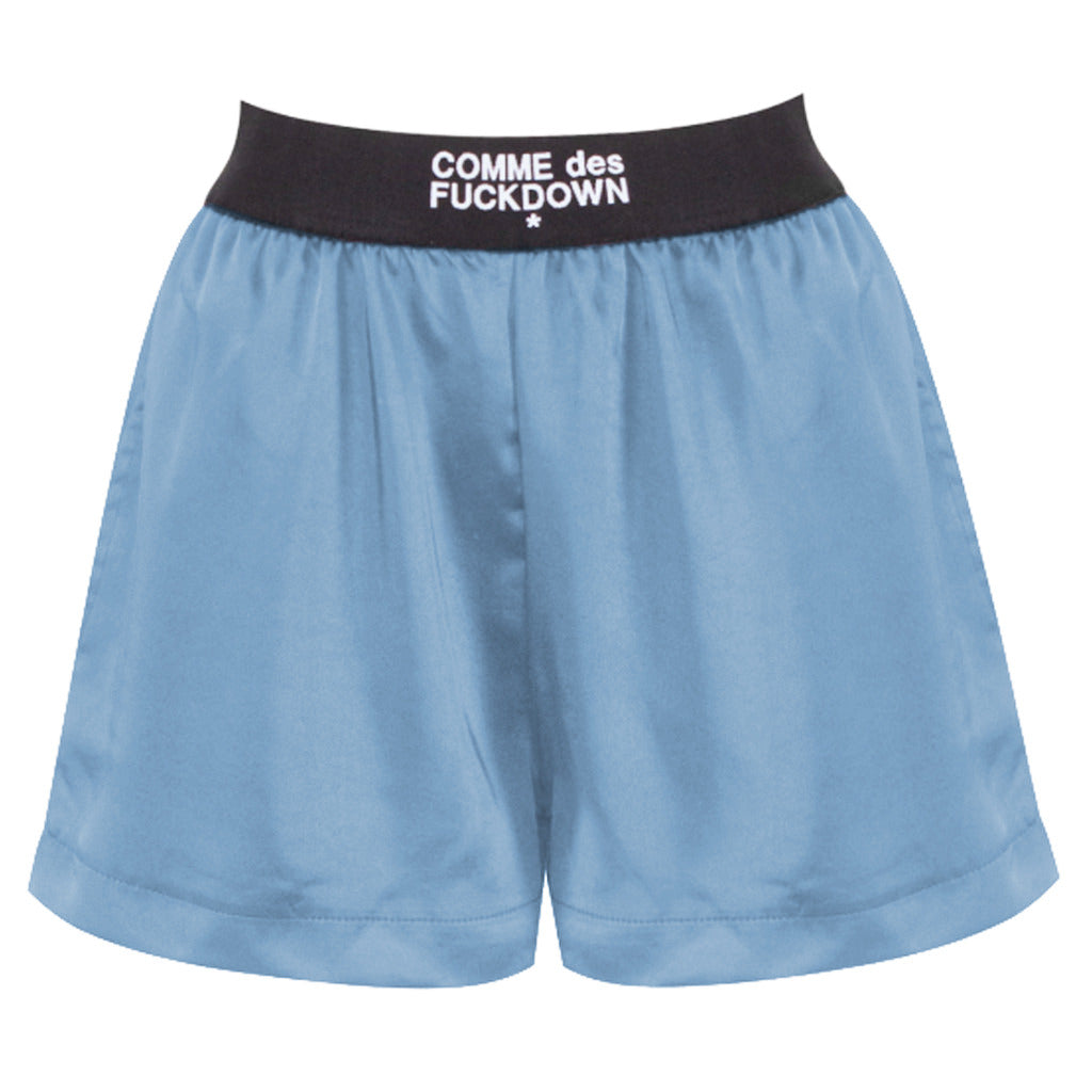 Comme Des Fuckdown – light blue shorts with black waistband – front flat view and logo