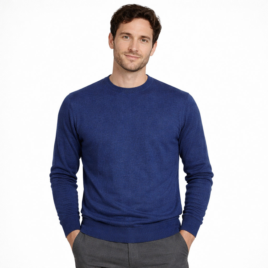 Emilio Romanelli – blue cashmere crewneck sweater – model wearing it with grey trousers