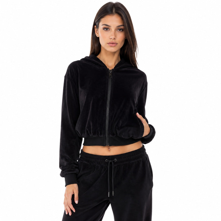 Dolce & Gabbana – black cropped hooded sweatshirt – front view on model with drawstring joggers