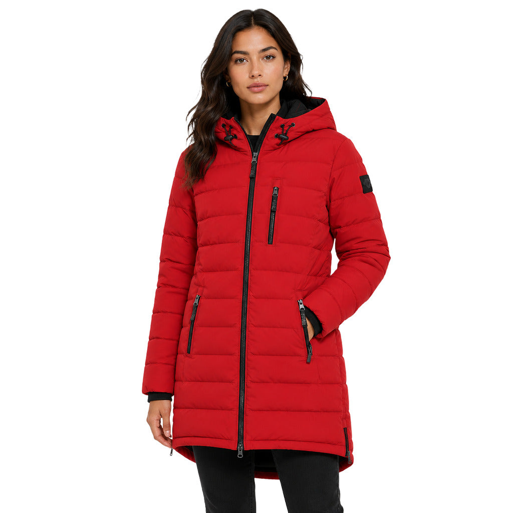Moose Knuckles – Rockclif red hooded long down jacket – model wearing it from front