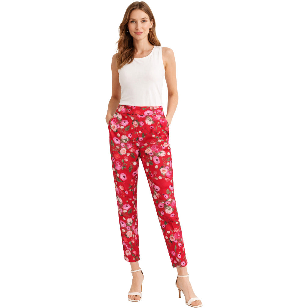 Elisabetta Franchi – red floral-print trousers – full-length view worn by a model
