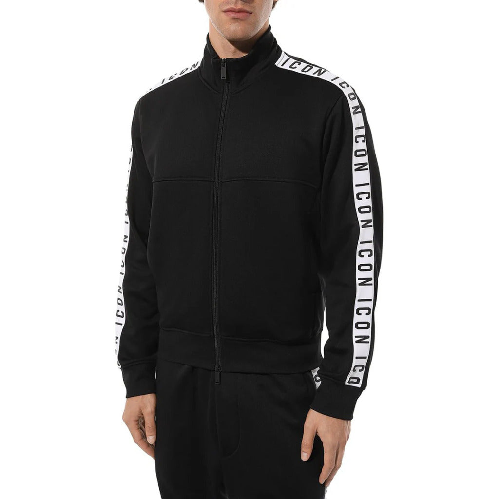 Dsquared2 – black logo-stripe zip sweatshirt – worn front view with high collar
