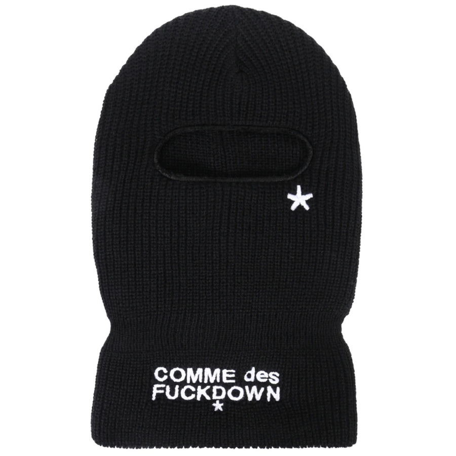 Comme Des Fuckdown – Knitted Balaclava – Front view with eye opening and white logo