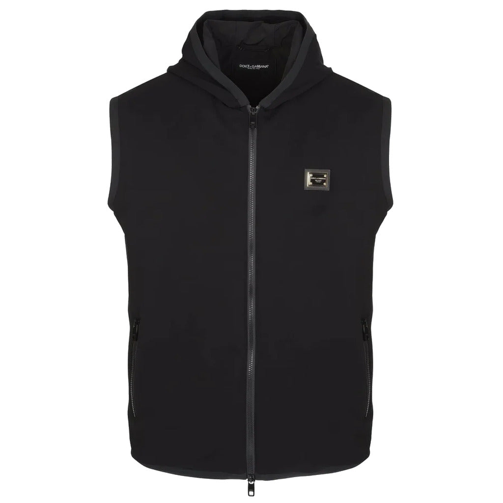 Dolce & Gabbana – black hooded waistcoat – front packshot with zip and chest plaque