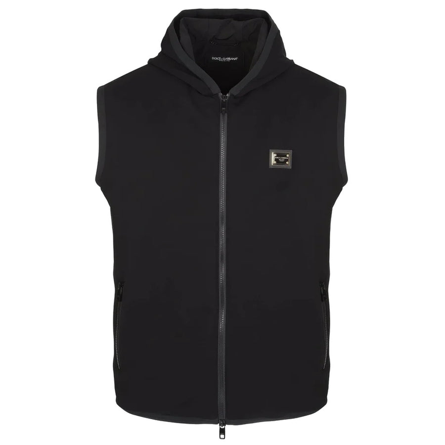 Dolce & Gabbana – black hooded waistcoat – front packshot with zip and chest plaque