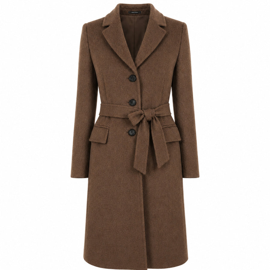 Loro Piana Tessuto – brown wool coat – front view with tied belt and button fastening