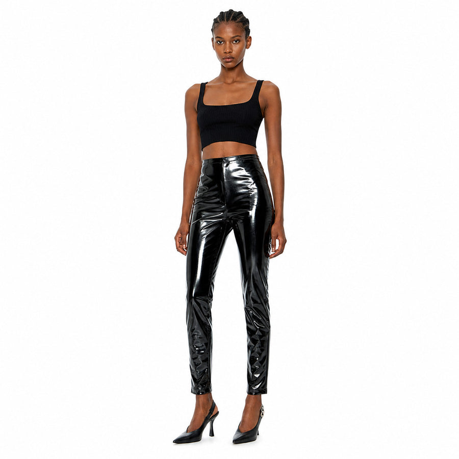 Patrizia Pepe – slim-fit black faux leather trousers – front view on model