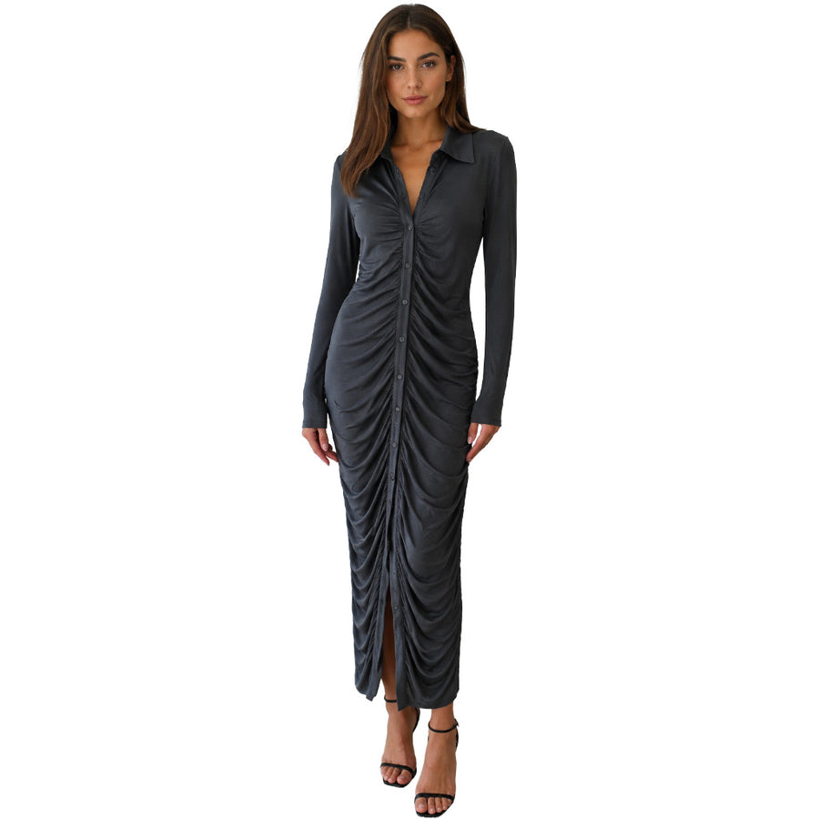 Patrizia Pepe – petrol blue long-sleeved dress – front view with gathered fabric and button fastening
