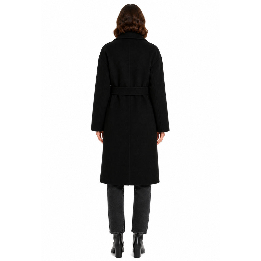 Bagutta – black wool belted long coat – model wearing it from the back