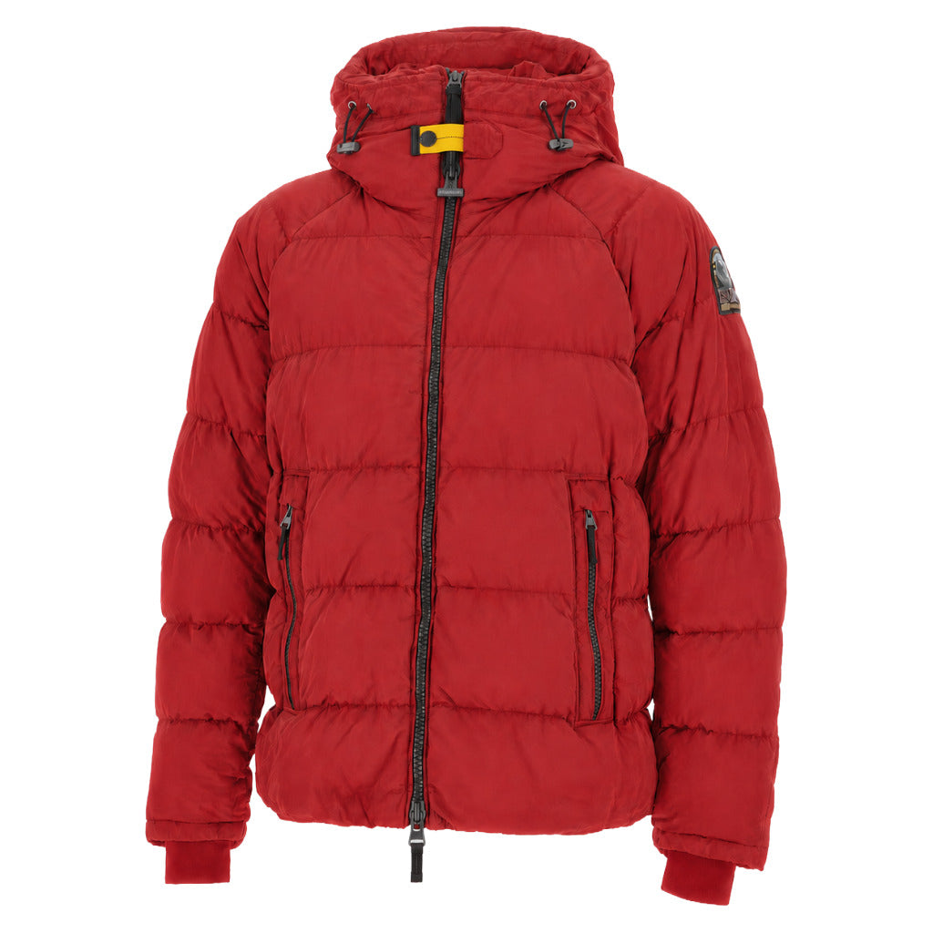 Parajumpers – red hooded down jacket – front view, zipped with two pockets