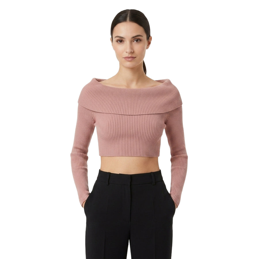 Elisabetta Franchi – pink ribbed long-sleeve shawl top – front view on model