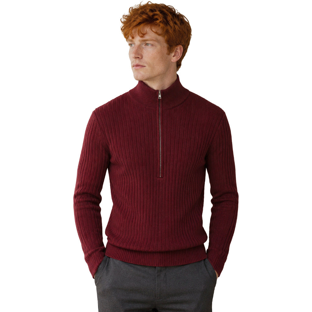 Dolce & Gabbana – red ribbed virgin wool zip-neck sweater – front view worn by model