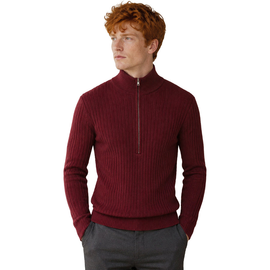 Dolce & Gabbana – red ribbed virgin wool zip-neck sweater – front view worn by model