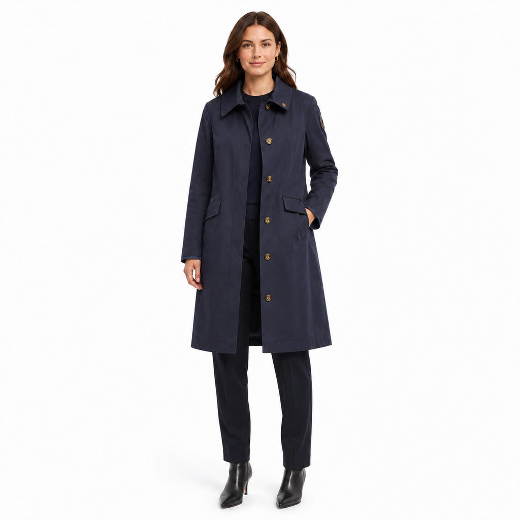 Parajumpers – Blue Mirai coat with button front and pointed collar – full-length front view