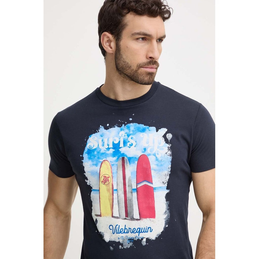 Vilebrequin – navy Surf's Up graphic T-shirt – close view of colorful surfboard print