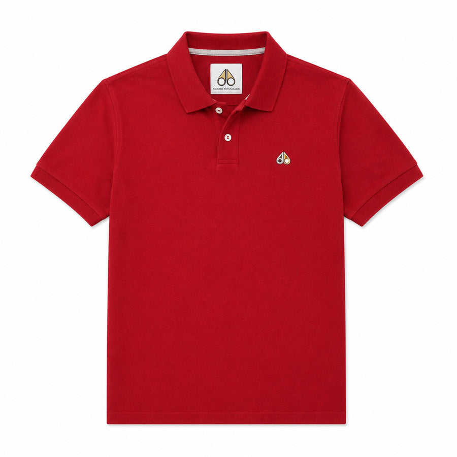 Moose Knuckles – red logo polo shirt – flat front view with collar label