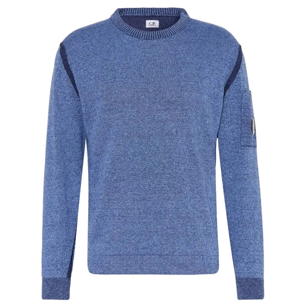 C.P. Company – light blue pocket sweater – front flat view with ribbed trims and sleeve pocket