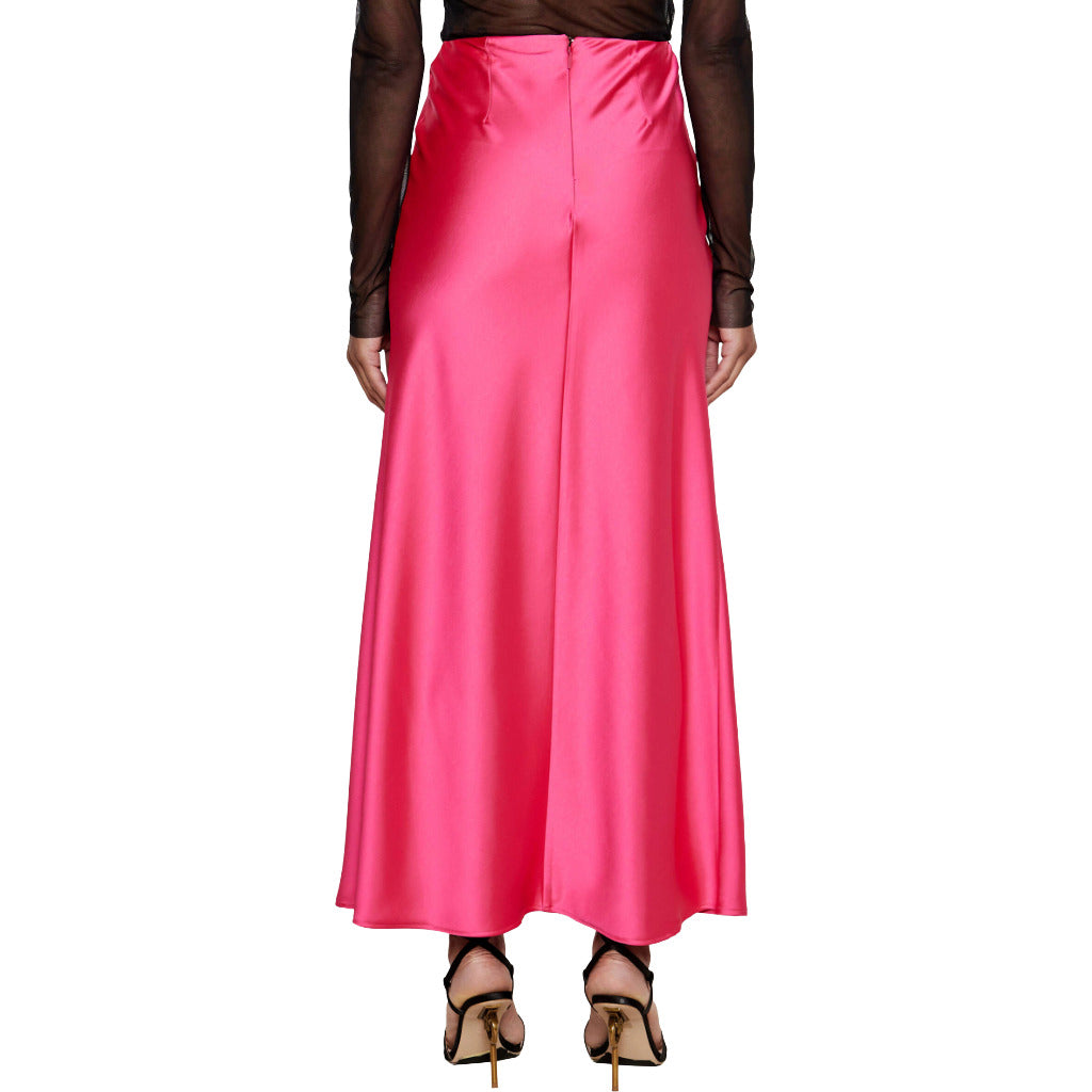 Pinko – fuchsia draped maxi skirt – back view worn on model