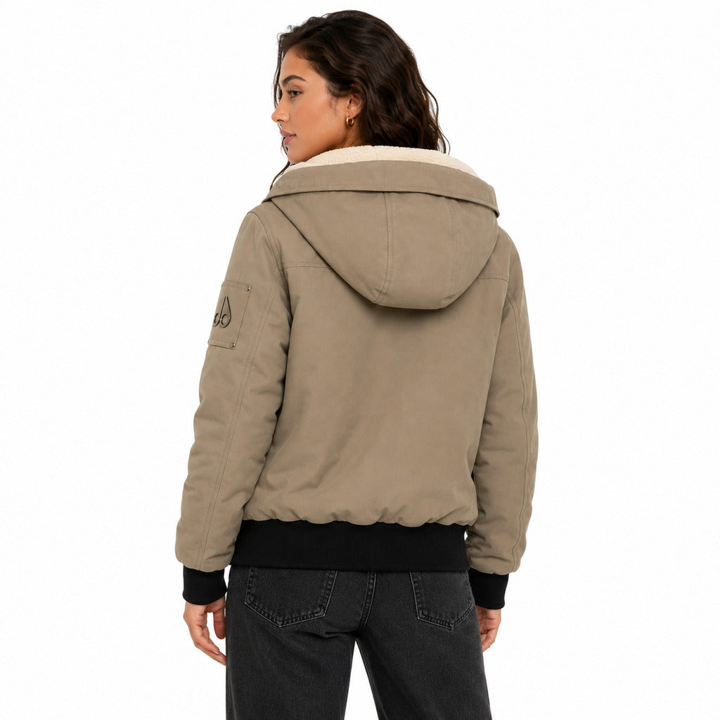 Moose Knuckles – taupe padded hooded jacket – model wearing it, rear view