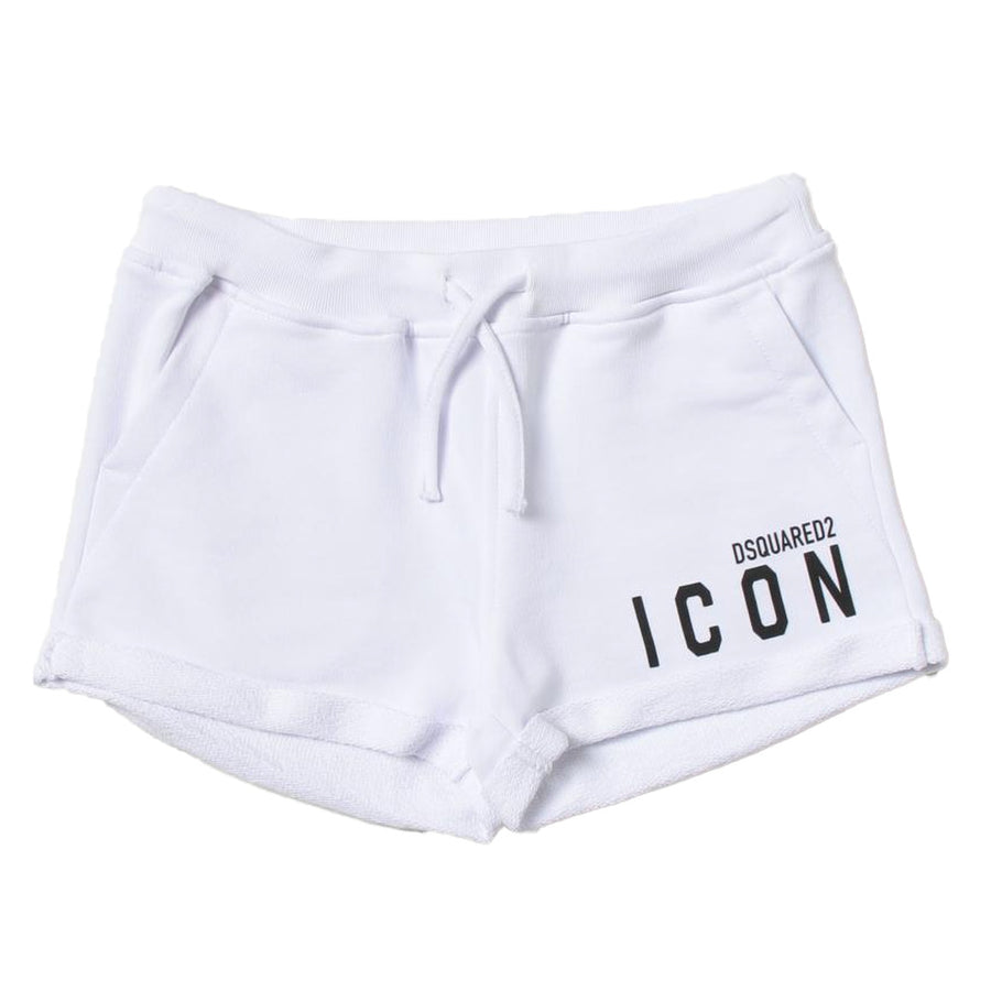 Dsquared2 – Icon kids' shorts in white – front view with drawstring and logo