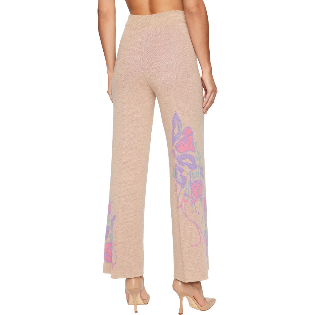 Twinset – beige knit palazzo trousers – back view with floral print on one leg