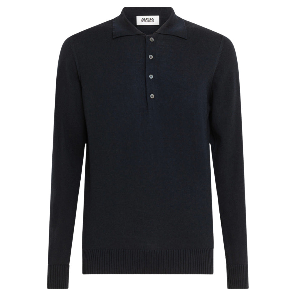 Alpha Studio – navy long-sleeve polo shirt – front flat lay with button placket