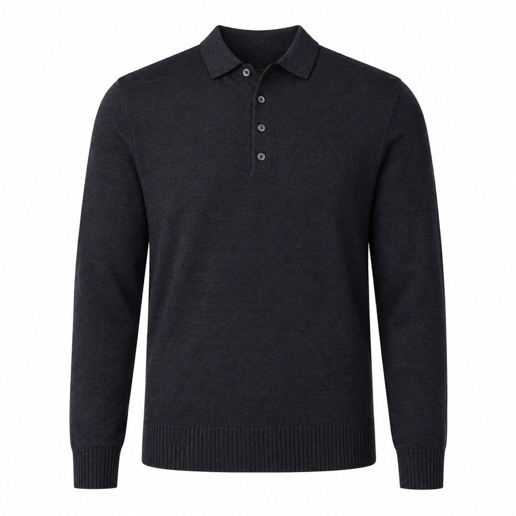 Alpha Studio – charcoal long-sleeve polo shirt – front packshot showing ribbed cuffs