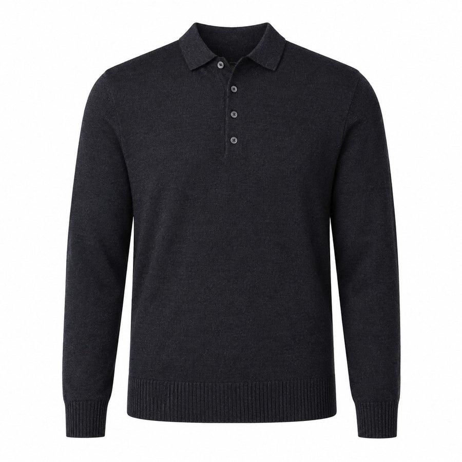 Alpha Studio – charcoal long-sleeve polo shirt – front packshot showing ribbed cuffs