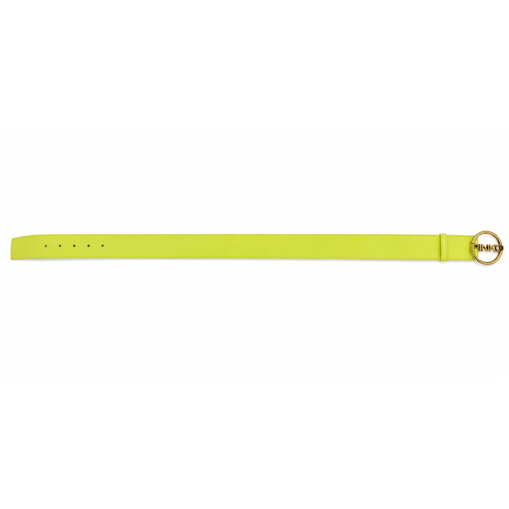 Pinko – lime green leather belt – extended flat view with punched holes and circular buckle