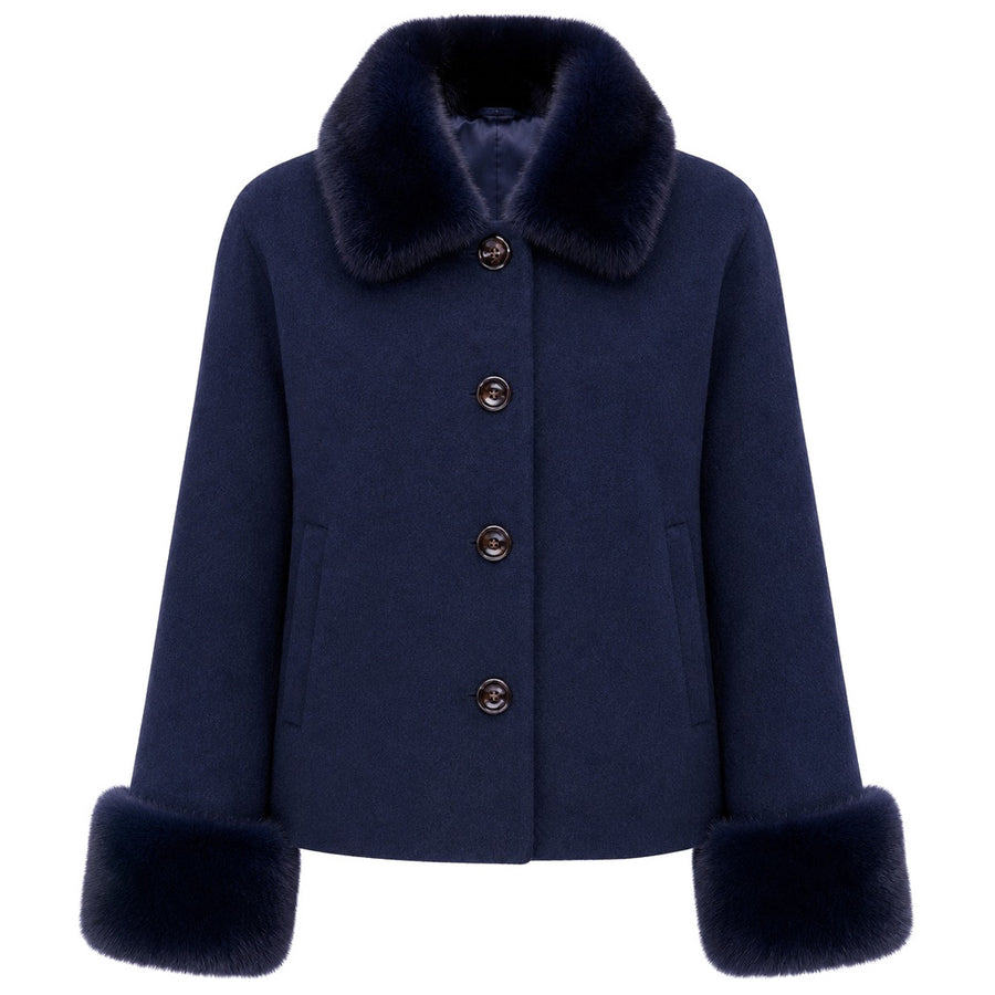 Loro Piana Tessuto – navy short coat with plush trim – front packshot with button closure