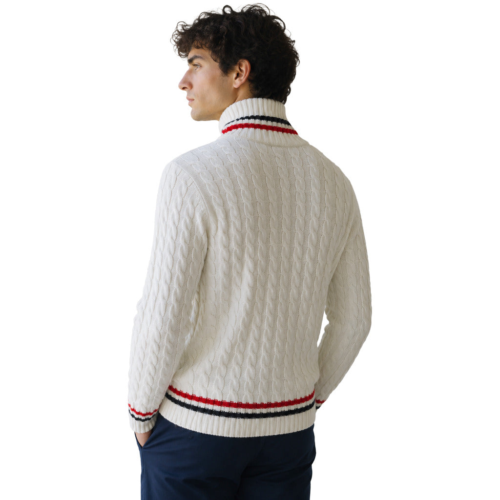 Balmain – White cable-knit turtleneck sweater – Back view worn by model