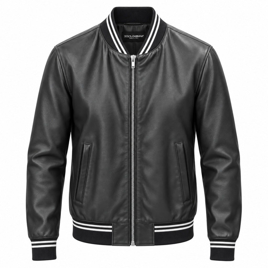 Dolce & Gabbana – black faux leather bomber jacket – front view with striped collar
