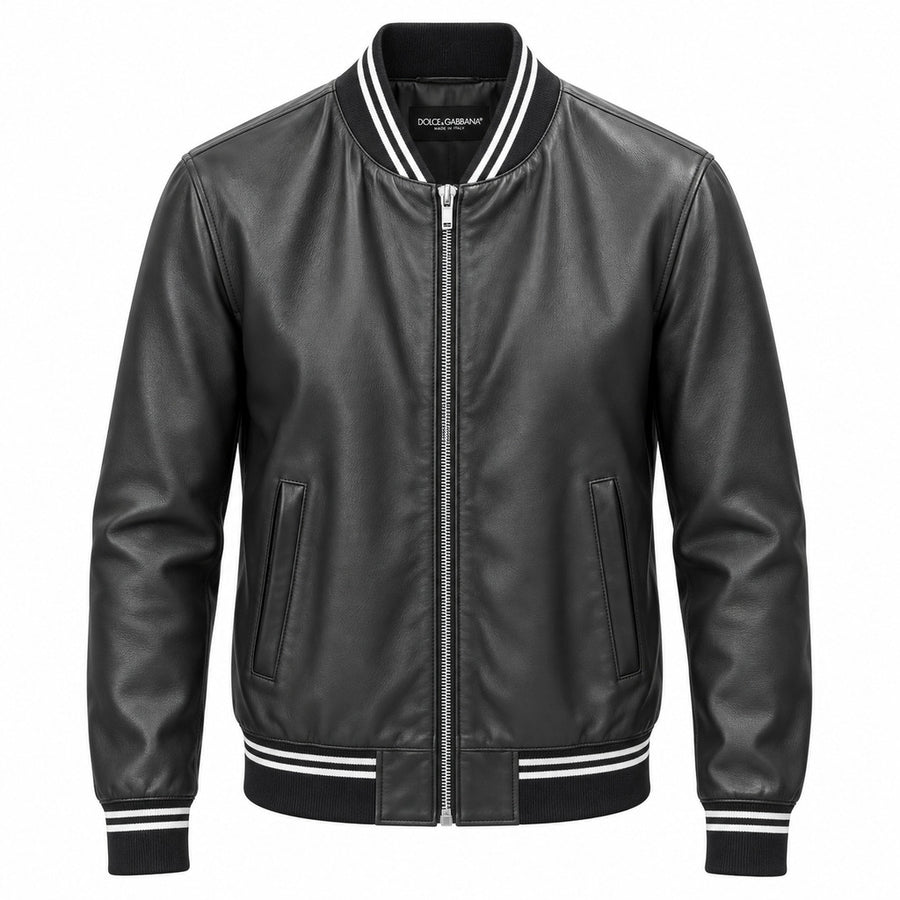 Dolce & Gabbana – black faux leather bomber jacket – front view with striped collar