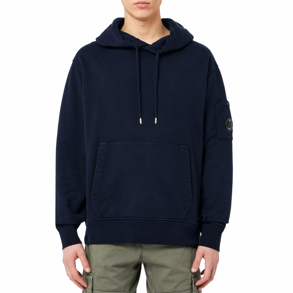 C.P. Company – blue cotton Goggles hoodie – front view with sleeve lens pocket