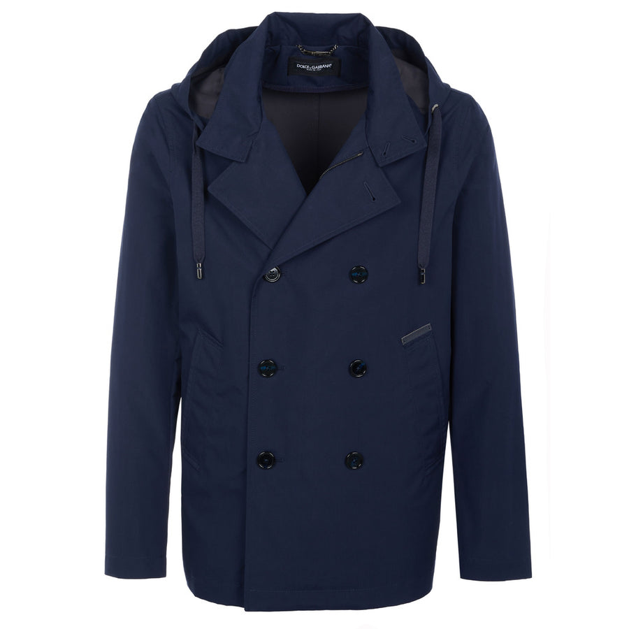Dolce & Gabbana – navy double-face jacket with hood – front packshot, open collar and double-breasted buttons