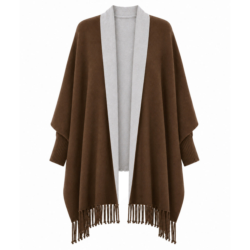Alpha Studio – wool-cashmere poncho in brown with grey trim – front packshot with fringed hem