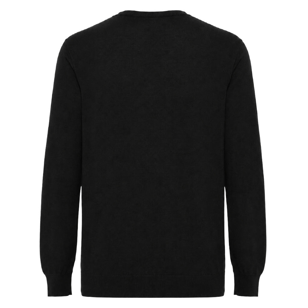Alpha Studio – merino crew-neck sweater in black – back flat-lay showing ribbed cuffs and hem