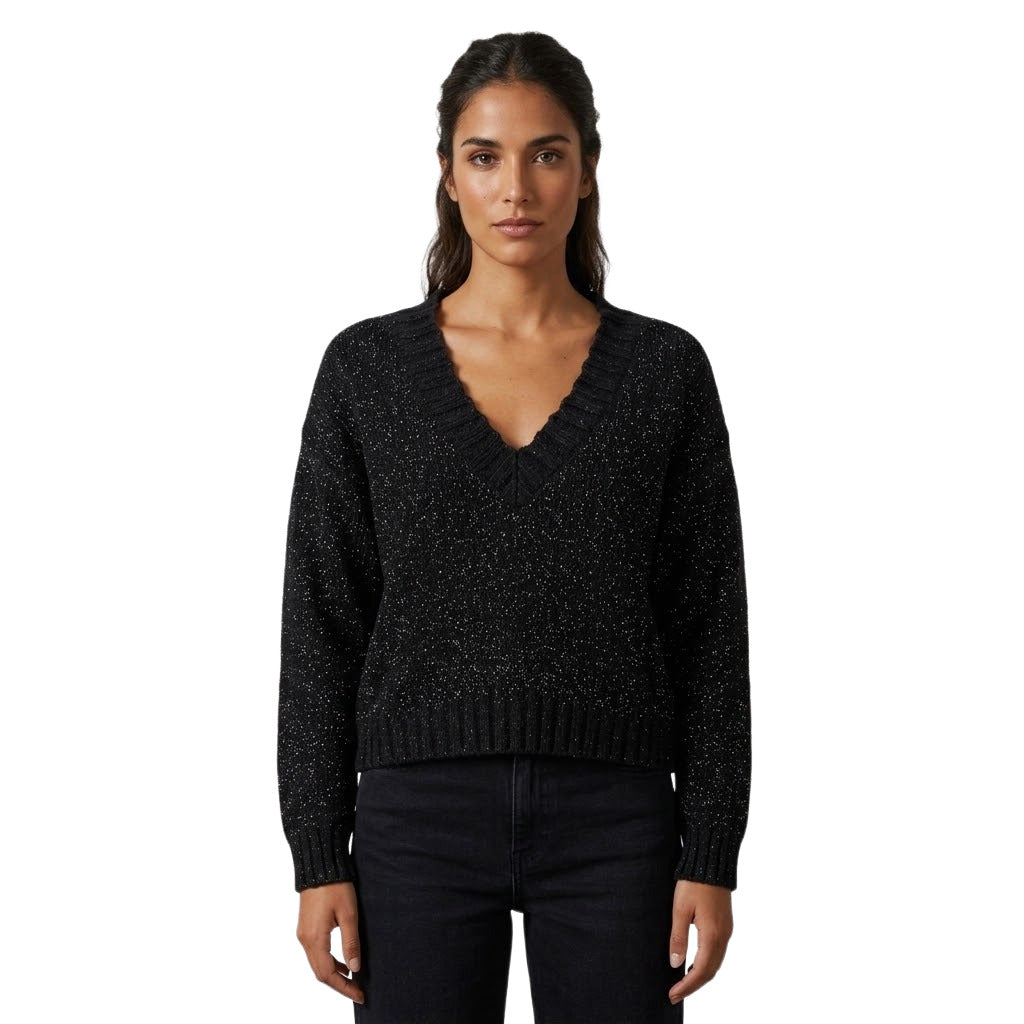 Anna Molinari – black bouclé V-neck sweater – worn by model from front