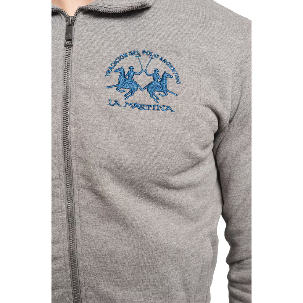 La Martina – Brushed Fleece Full-Zip Sweatshirt in Grey – close-up of chest logo and zipper