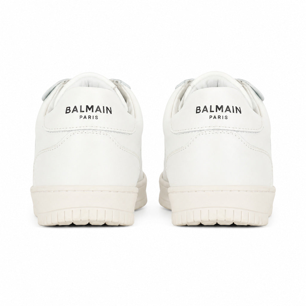 Balmain – white leather sneakers – rear view showing branded heels and soles