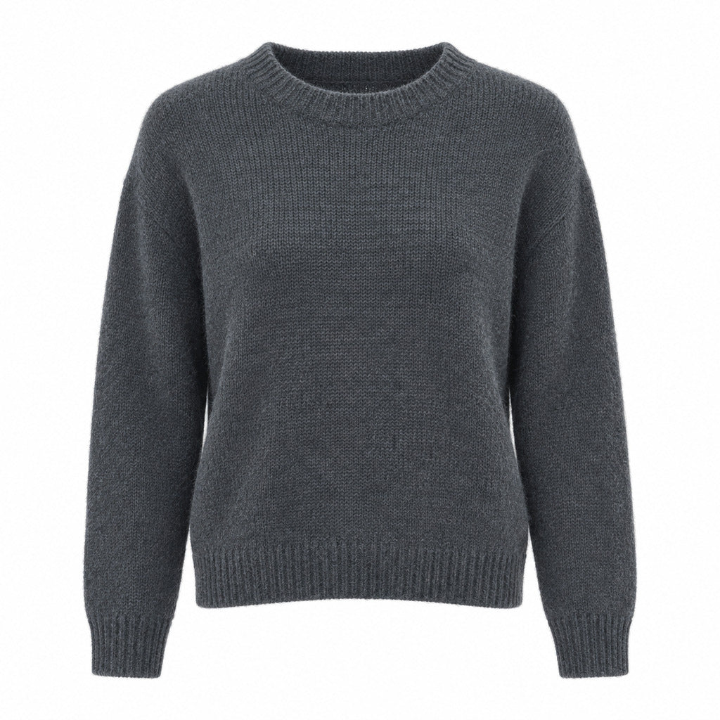 Anna Molinari – anthracite wool crew-neck sweater – front view, ribbed cuffs and hem