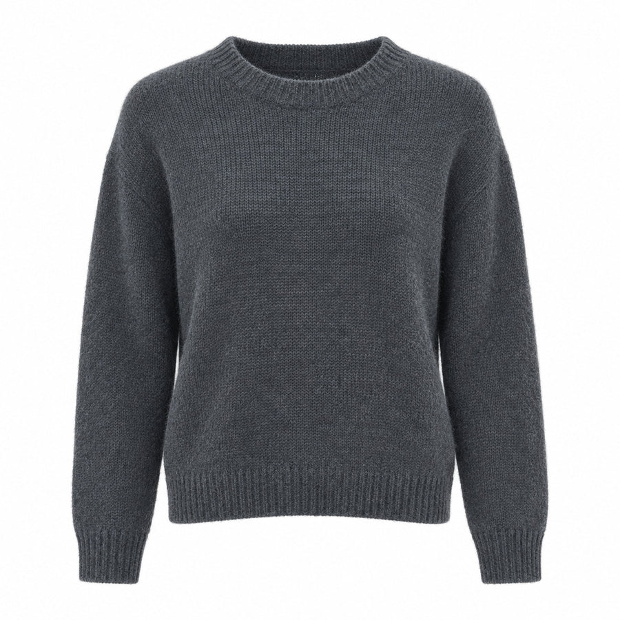 Anna Molinari – anthracite wool crew-neck sweater – front view, ribbed cuffs and hem