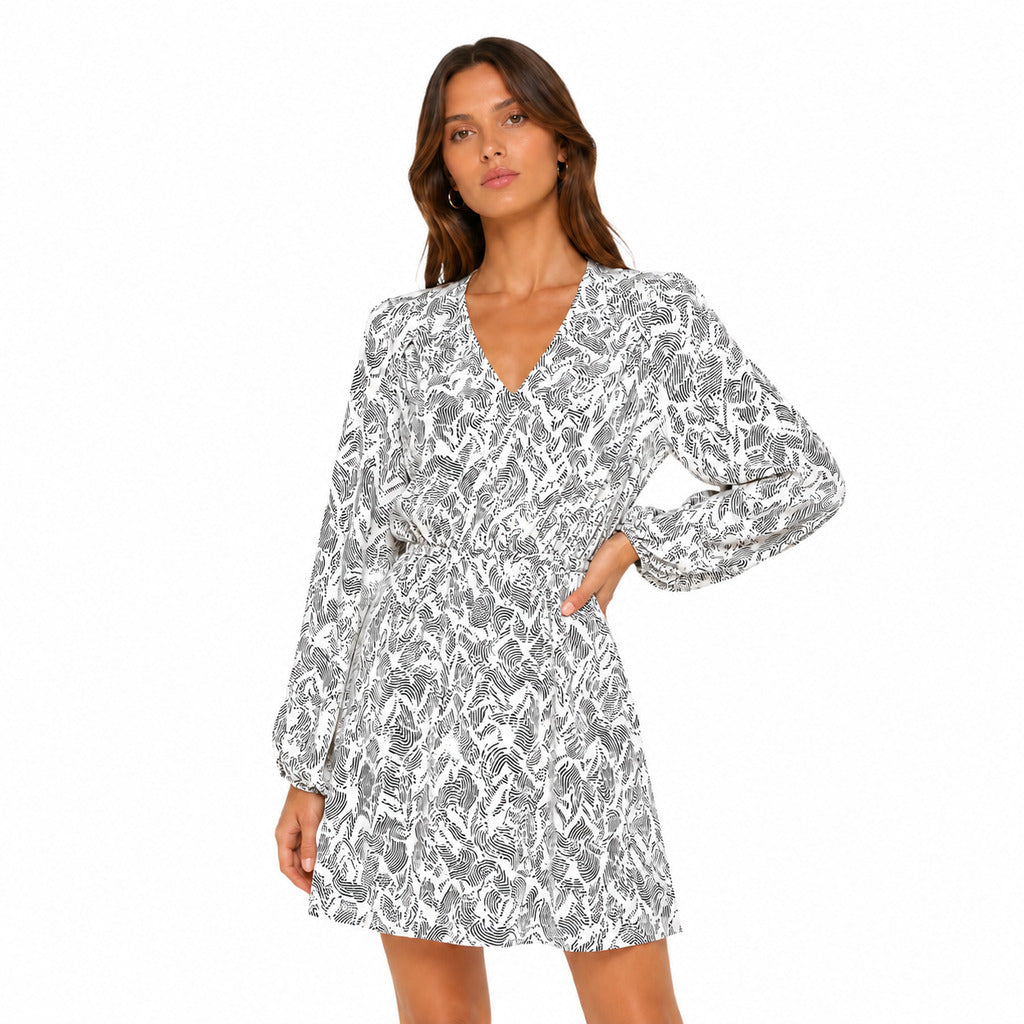 Patrizia Pepe – white animal-print dress – model wearing front-facing view with long sleeves