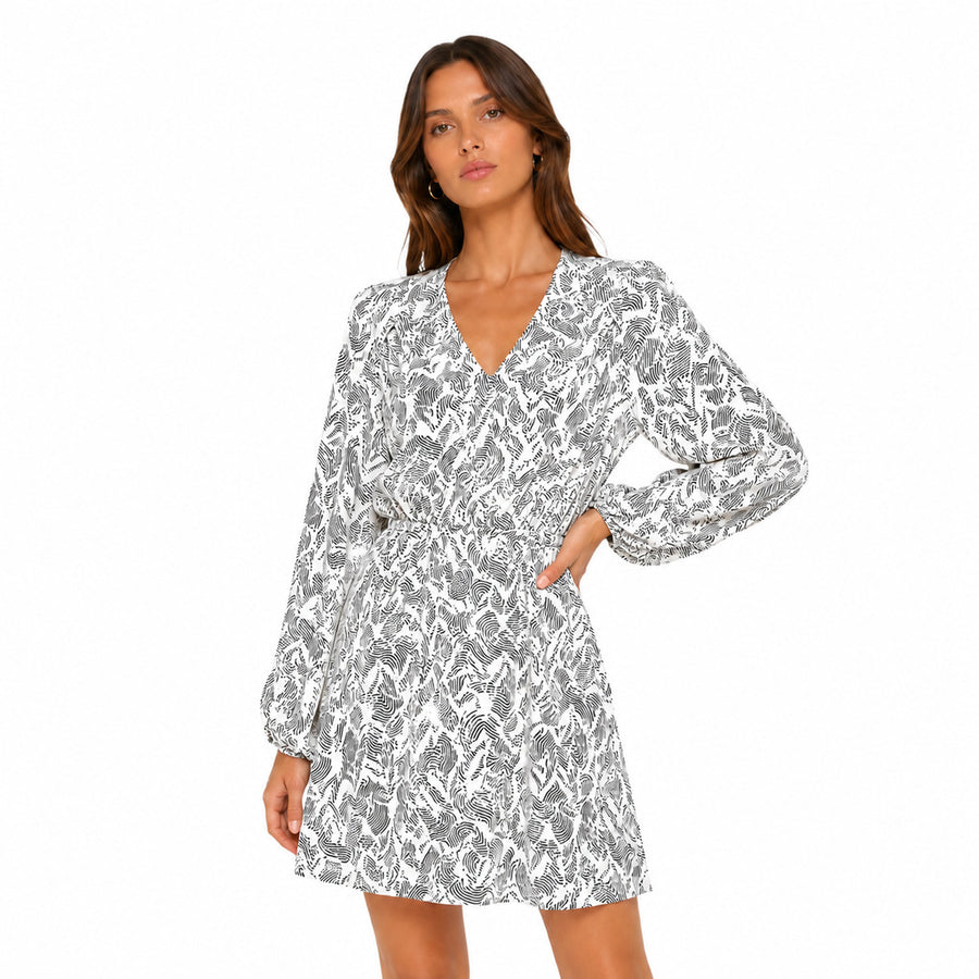 Patrizia Pepe – white animal-print dress – model wearing front-facing view with long sleeves