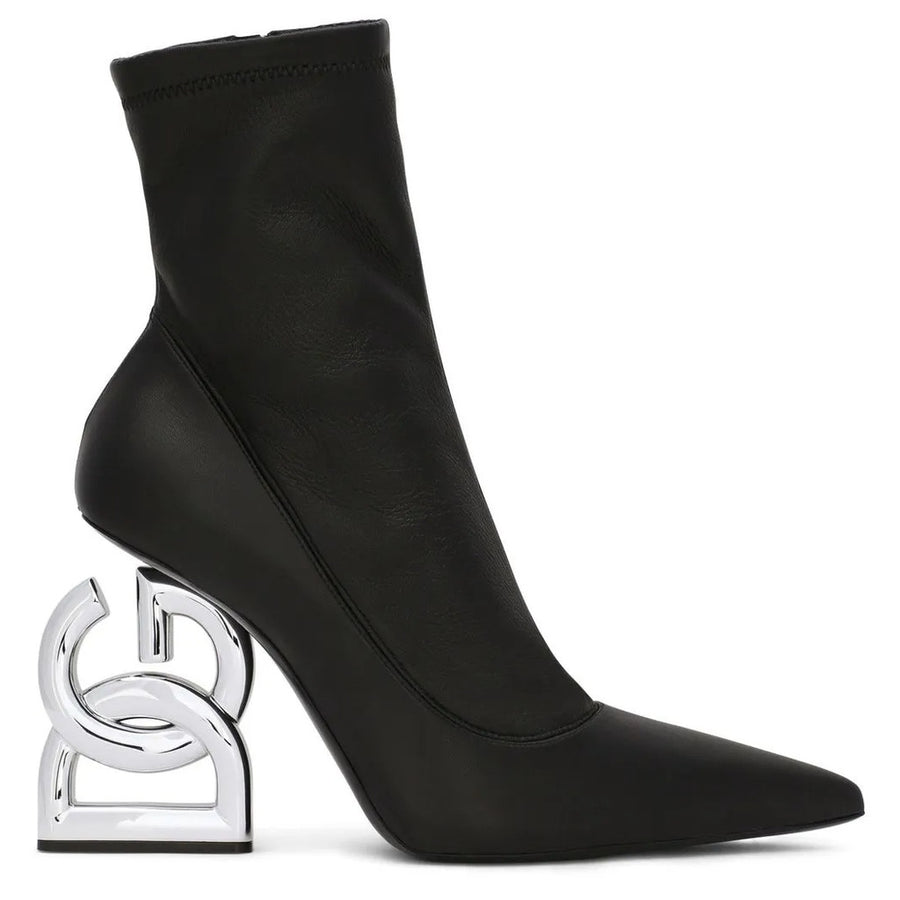 Dolce & Gabbana – black calfskin ankle boots – side view with sculptural silver heel