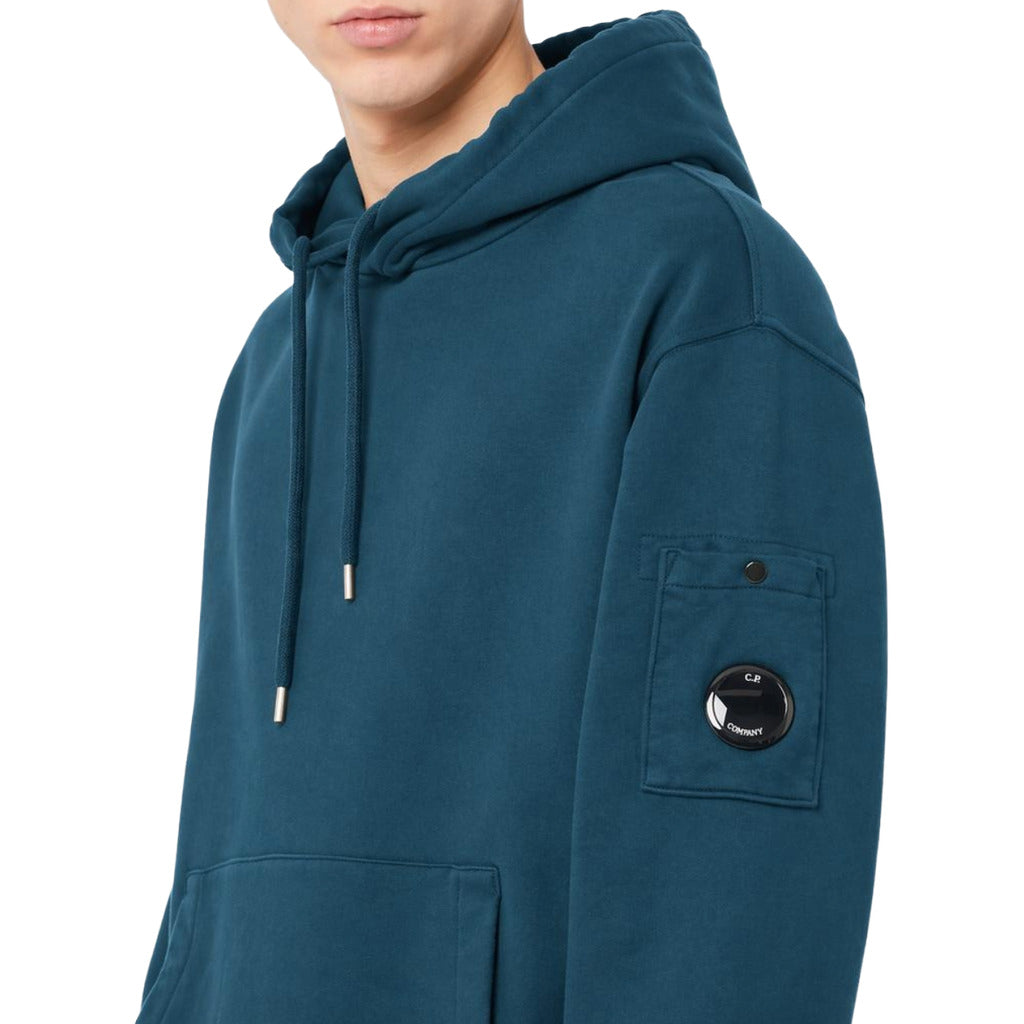 C.P. Company – blue Diagonal Goggles sweatshirt – side view with sleeve pocket badge and drawstrings